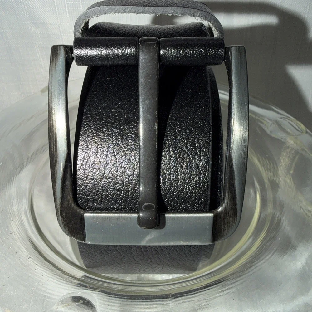 Men's Black Leather Belt  47 Inch Silver Buckle *SEE Photos For Imprint On Back*